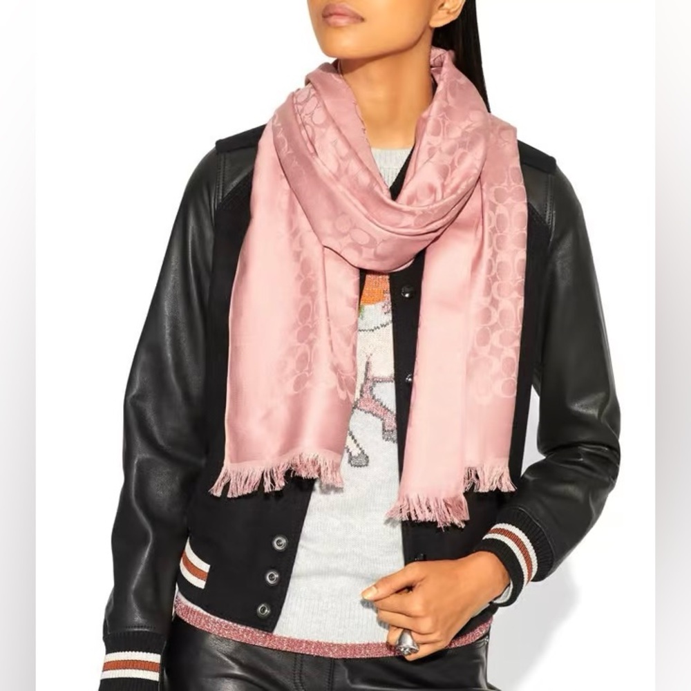 Coach Logo Jacquard Soft Pink Wrap Scarf Stole, Wool - Viscose, 68”x50”